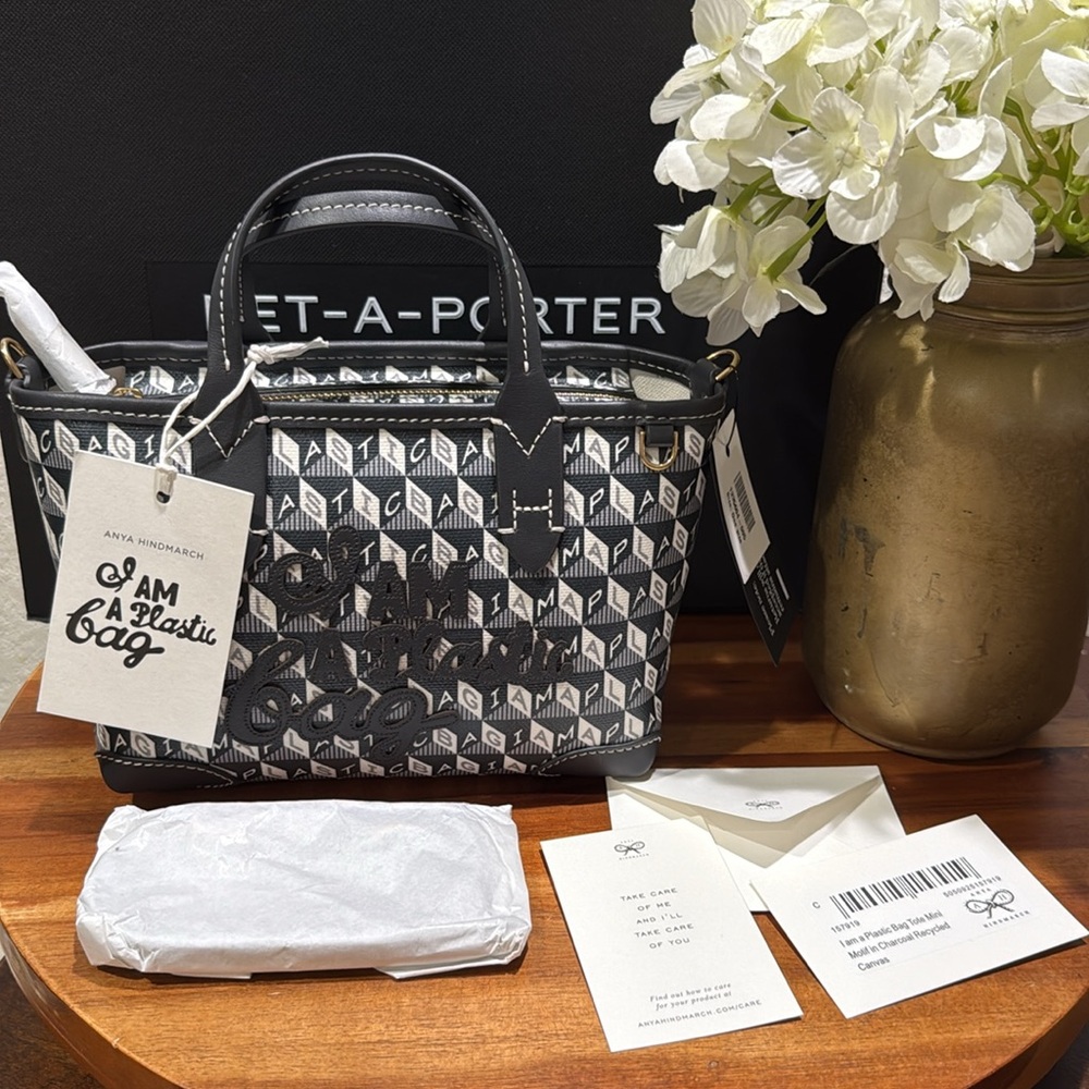 ANYA HINDMARCH I Am A Plastic Bag Tote Mini Motif Charcoal Recycled Canvas .NWT.